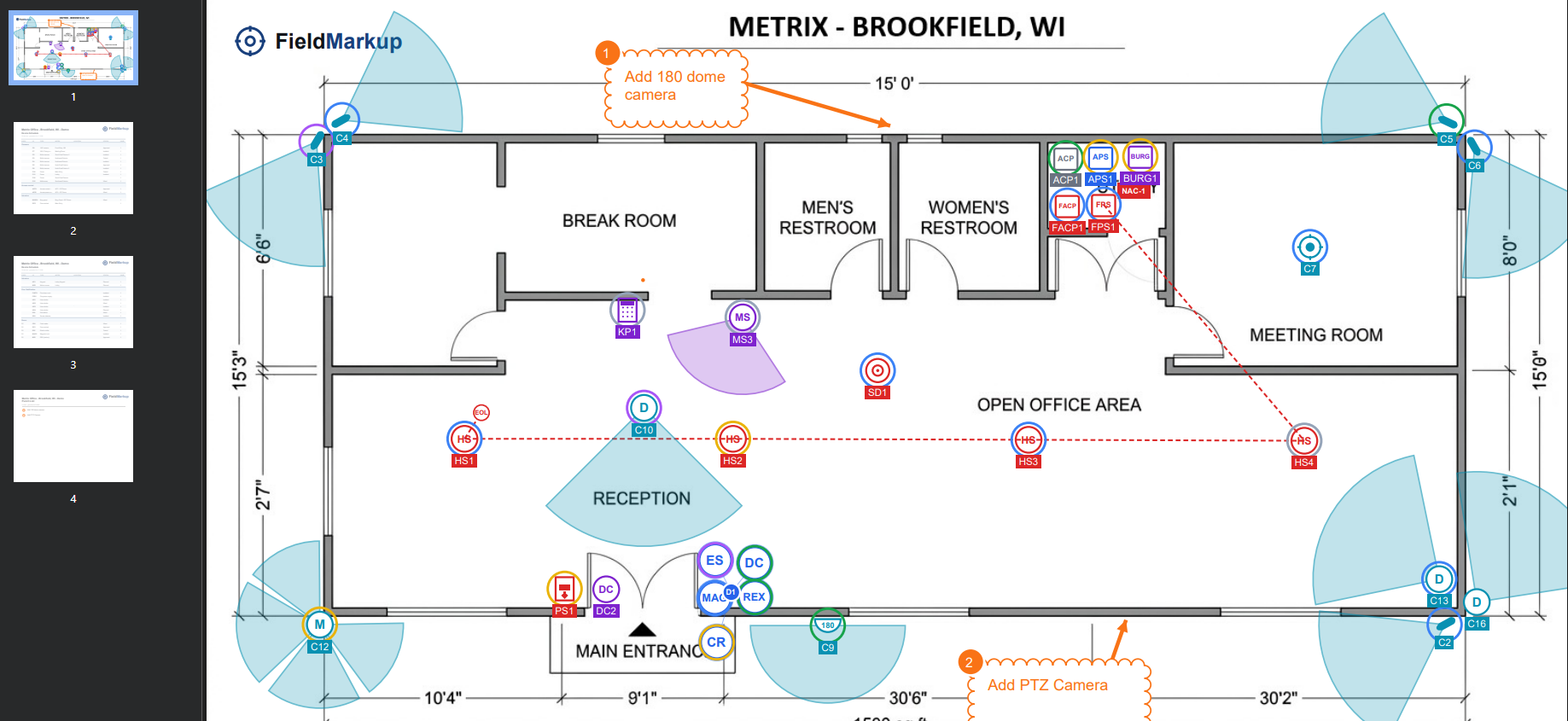 Sample exported PDF showing a marked-up floor plan with cameras, FOV cones, access control devices, fire alarm devices, and orange callouts