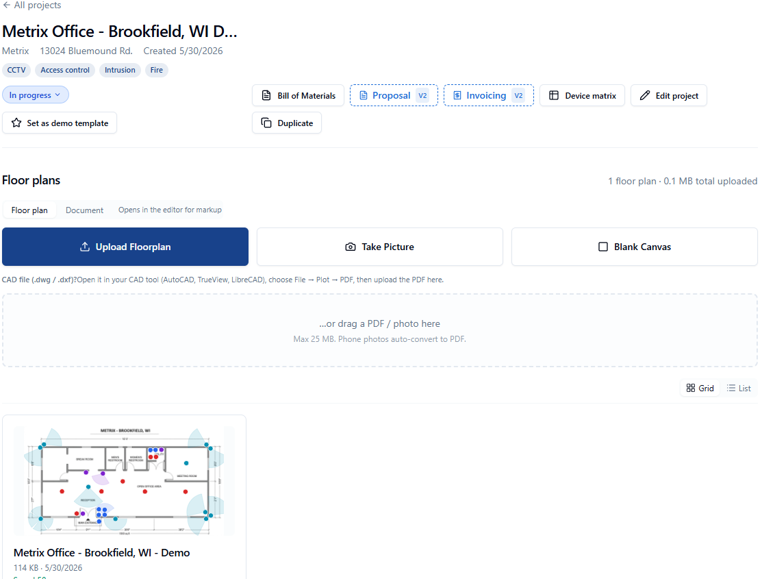 Project page upload section showing three buttons (Upload Floorplan, Take Picture, Blank Canvas) plus a drop zone for PDF or photo files